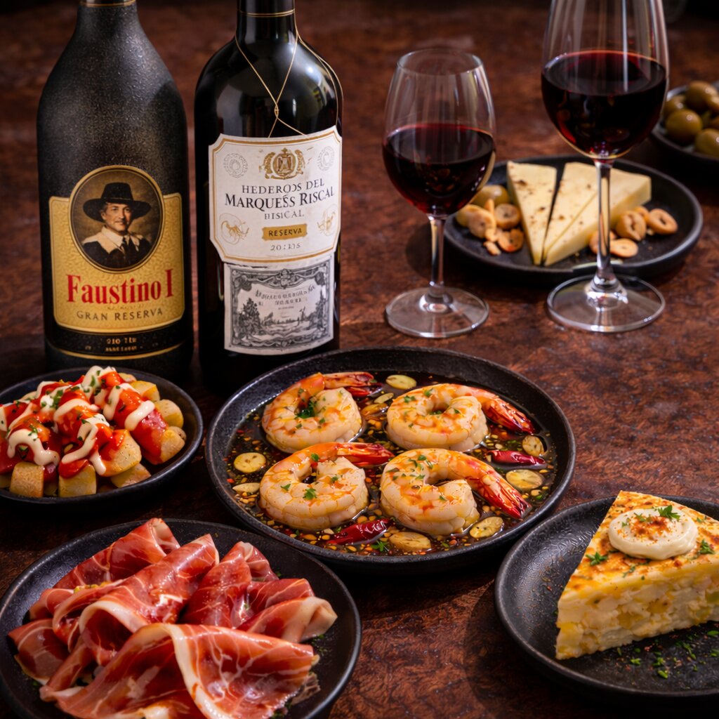Spanische Tapas mit Gambas al Ajillo, Jamón Serrano, Tortilla Española und Wein im La Esperanza Tapas Restaurant Berlin Mitte